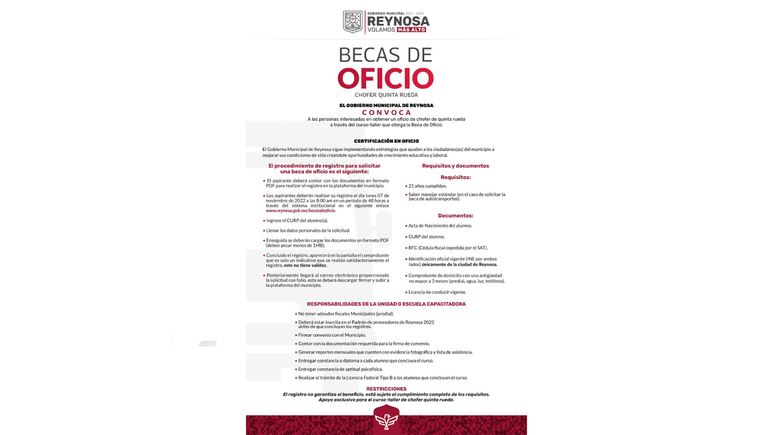 Becas para Aspirantes a Chofer de Quinta Rueda Administración