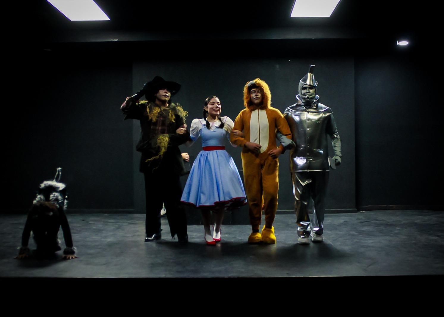 A group of performers in costumes stands on stage, featuring a scarecrow, a girl in a blue dress, a lion, and a tin man.